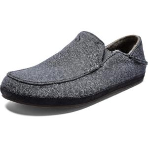 OLUKAI Moloa Hulu Men’s Wool-Blend Slippers, Soft & Heathered Knit Slip On Shoes, Suede Leather Foxing, Drop-In Heel Design(Dk Shadow/Dk Shadow)