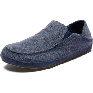 OLUKAI Moloa Hulu Men’s Wool-Blend Slippers, Soft & Heathered Knit Slip On Shoes, Suede Leather Foxing, Drop-In Heel Design(Mood Indigo/Mood Indigo)