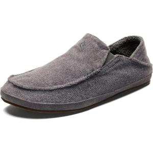 OLUKAI Moloa Hulu Men’s Wool-Blend Slippers, Soft & Heathered Knit Slip On Shoes, Suede Leather Foxing, Drop-In Heel Design(Rock/Rock)