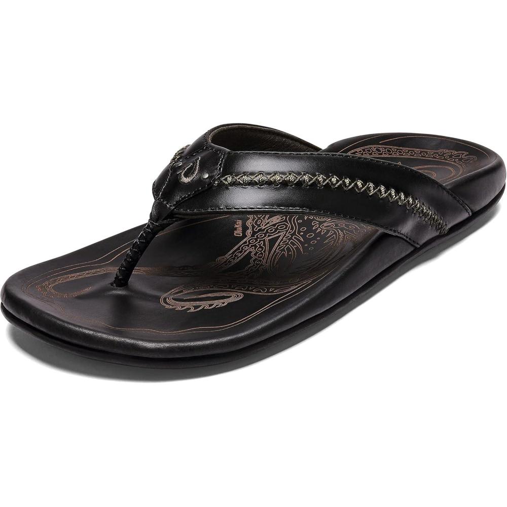 imageOLUKAI Mea Ola Mens Leather Beach Sandals Soft ampamp Durable Flip Flops Arch Support ampamp Comfort Fit Enhanced Grip ampamp TractionBlackBlack