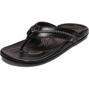 OLUKAI Mea Ola Men’s Leather Beach Sandals, Soft & Durable Flip Flops, Arch Support & Comfort Fit, Enhanced Grip & Traction(Black/Black)