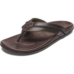 OLUKAI Mea Ola Men’s Leather Beach Sandals, Soft & Durable Flip Flops, Arch Support & Comfort Fit, Enhanced Grip & Traction(Dk Shadow/Mustang)