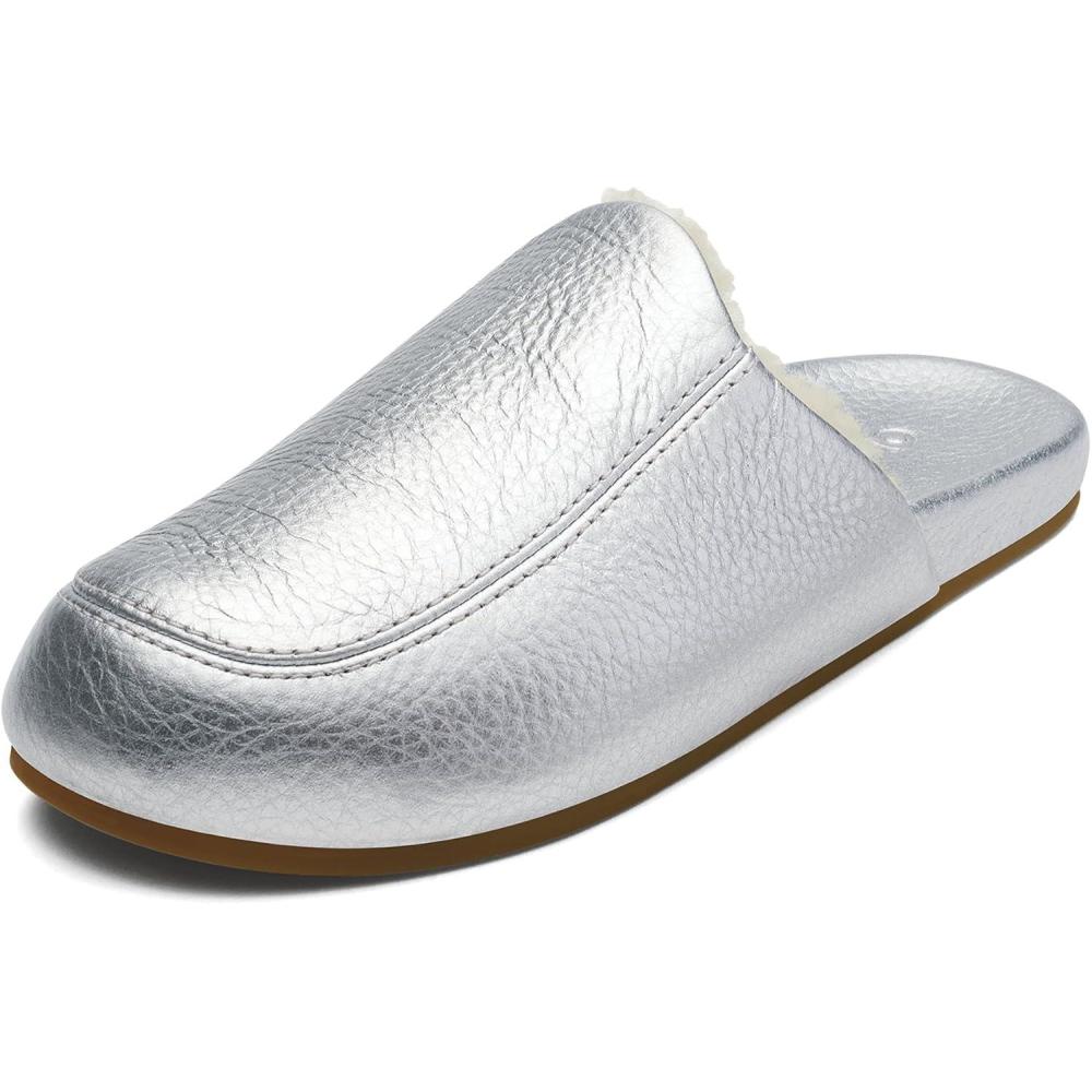 imageOLUKAI Konea Womens Shearling Leather Slipper Comfortable ampamp Soft Mule Versatile House Shoe for Lounge Wear ampamp EverydaySilverSilver