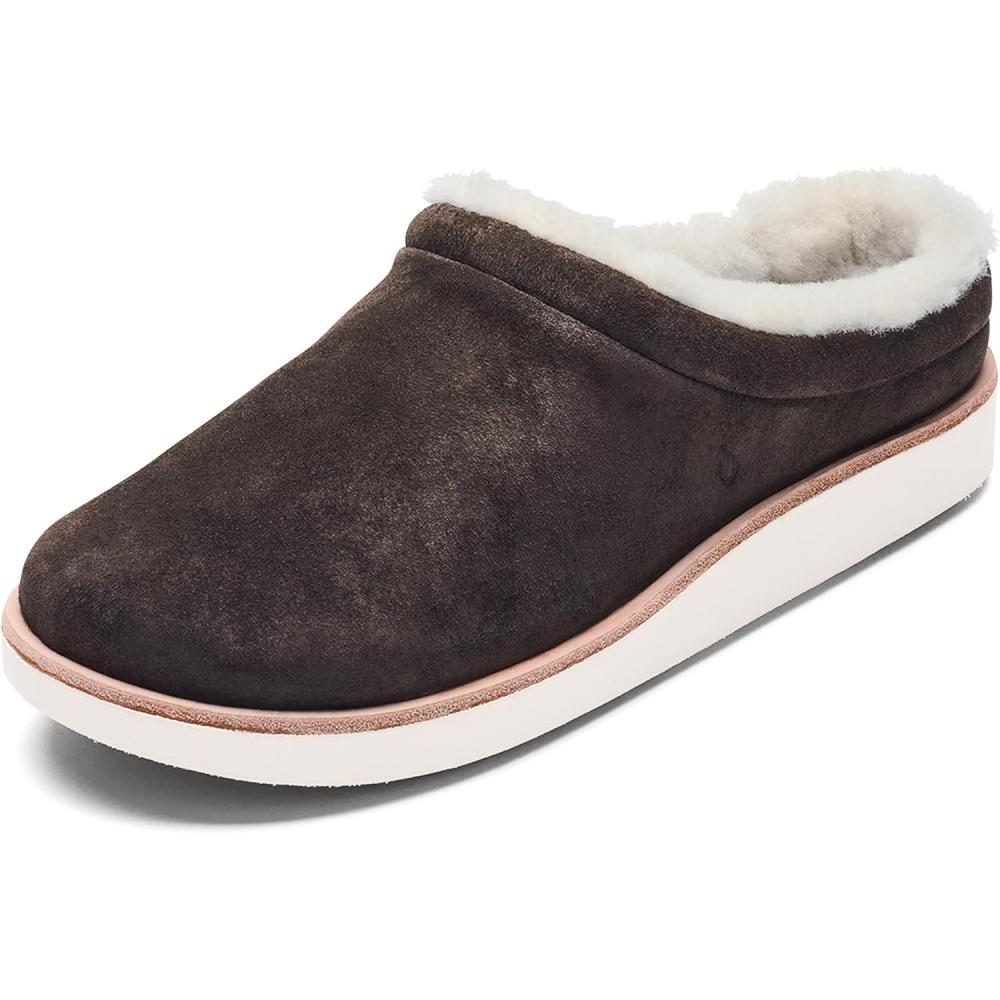 imageOLUKAI Mani Womens Leather Mule Slippers Soft ampamp Comfortable Slippers with Fleece Lining Thick Rubber Outsole AllDay WearDark OakGolden Sand