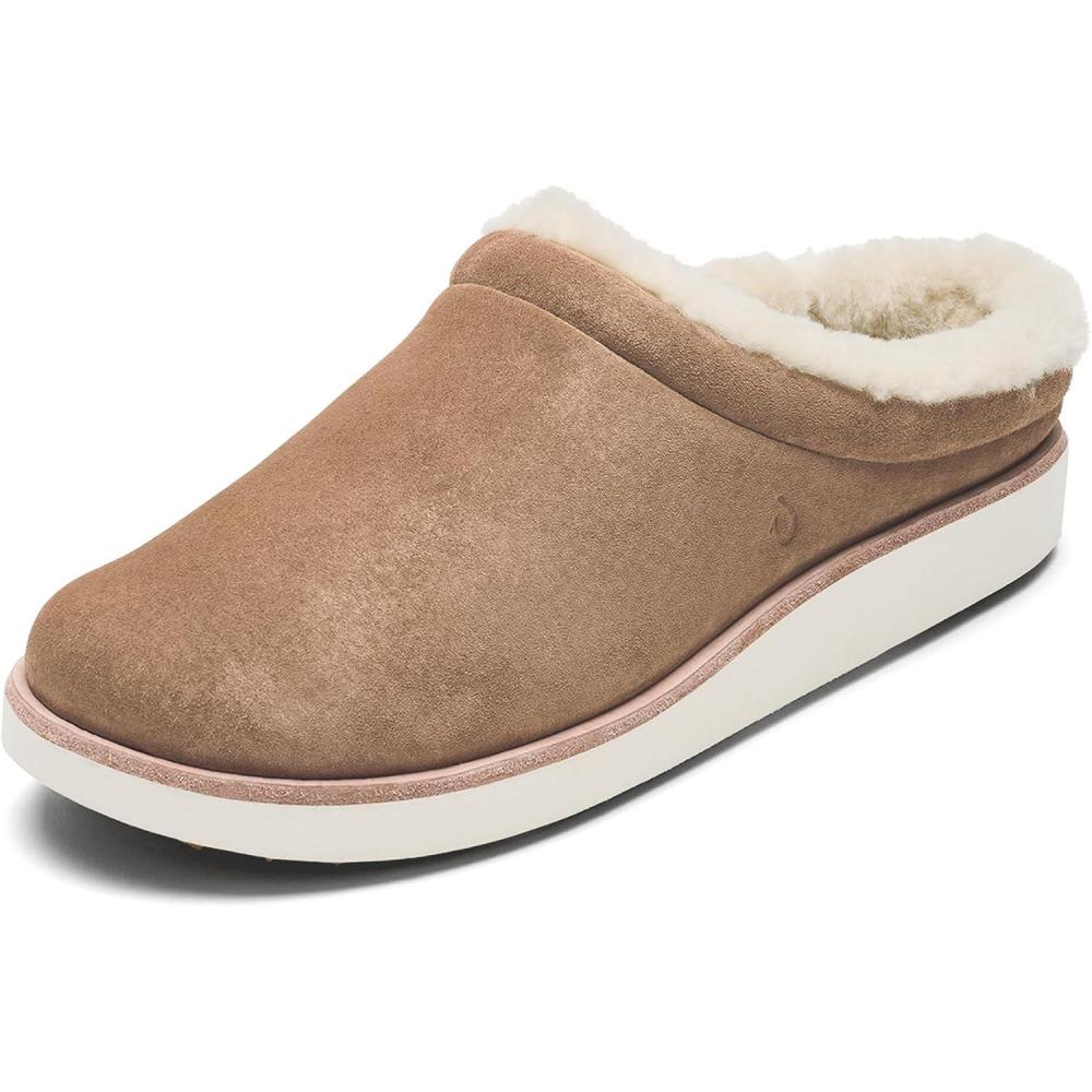 imageOLUKAI Mani Womens Leather Mule Slippers Soft ampamp Comfortable Slippers with Fleece Lining Thick Rubber Outsole AllDay WearTanGolden Sand