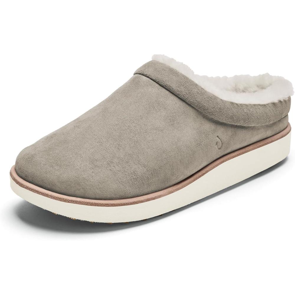 imageOLUKAI Mani Womens Leather Mule Slippers Soft ampamp Comfortable Slippers with Fleece Lining Thick Rubber Outsole AllDay WearTaupe GreyGolden Sand