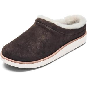 OLUKAI Mani Women’s Leather Mule Slippers, Soft & Comfortable Slippers with Fleece Lining, Thick Rubber Outsole, All-Day Wear(Dark Oak/Golden Sand)