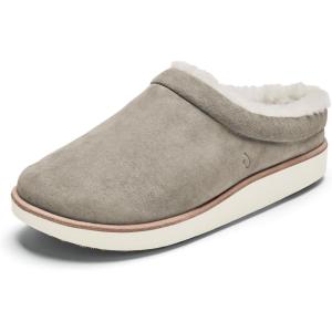OLUKAI Mani Women’s Leather Mule Slippers, Soft & Comfortable Slippers with Fleece Lining, Thick Rubber Outsole, All-Day Wear(Taupe Grey/Golden Sand)