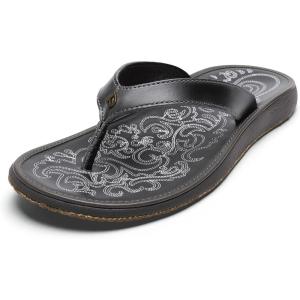 OLUKAI Paniolo Women’s Premium Leather Sandals, Versatile & Unique Flip-Flop Slides, All-Day Comfort & Style(Onyx/Onyx)