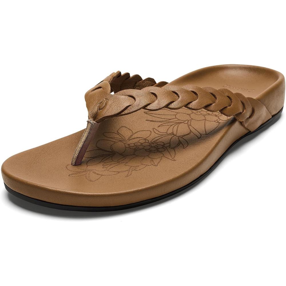 imageOLUKAI Lei Womens Beach Sandals Versatile Leather Flip Flops Soft Straps ampamp Unique Design AllDay Comfort ampamp SupportTanTan