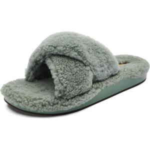 OLUKAI Hila Heu Women’s Slipper, Women’s Slip-On Shoes, Genuine Shearling, Wet Grip Soles for Inside & Outside Wear, Cute & Ultra-Soft Comfort Fit(Muted Green/Muted Green)