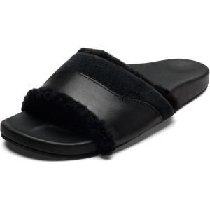 OLUKAI Ho’ala Slide Women’s Leather Sandals, Premium Materials & Suede Details, Sheepskin Shearling & Durable Sole, All-Day Comfort & Wear(Black/Black)