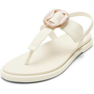 OLUKAI La’i T-Bar Women’s Strappy Beach Sandals, Versatile Water-Friendly Shoes, Slip-On Style with Tortoise Shell Buckle, All-Day Comfort(White Sand/White Sand)