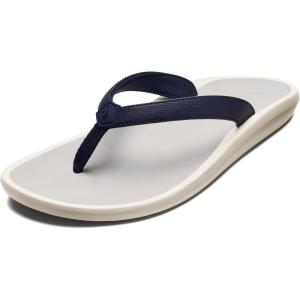 OLUKAI Lei Women’s Beach Sandals, Versatile Leather Flip Flops, Soft Straps & Unique Design, All-Day Comfort & Support(Trench Blue/Mist Grey)