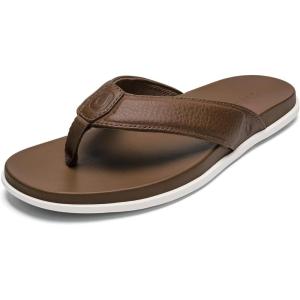 OLUKAI Olali Men’s Leather Sandals, Versatile & Comfortable Flip Flops, Soft & Durable Material, Arch Support & All-Day Wear(Almond/Almond)