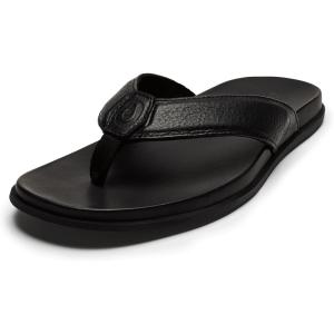 OLUKAI Olali Men’s Leather Sandals, Versatile & Comfortable Flip Flops, Soft & Durable Material, Arch Support & All-Day Wear(Black/Black)