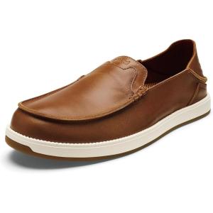 OLUKAI Kakaha Nia Men’s Leather Sneakers, Supple Full-Grain Leather Shoes, Drop-in Heel & All Weather Rubber Soles(Fox/Fox)