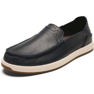 OLUKAI Kakaha Nia Men’s Leather Sneakers, Supple Full-Grain Leather Shoes, Drop-in Heel & All Weather Rubber Soles(Mood Indigo/Mood Indigo)