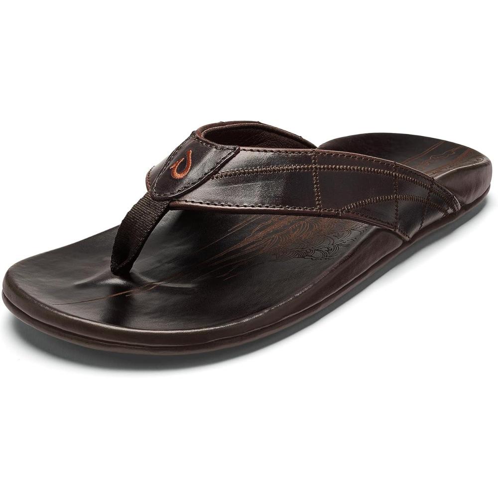 imageOLUKAI Hokulea Kia Mens Leather Sandal FullGrain Leather NonMarking Rubber Traction Pads ampamp Compression Molded FootbedDk WoodDk Wood