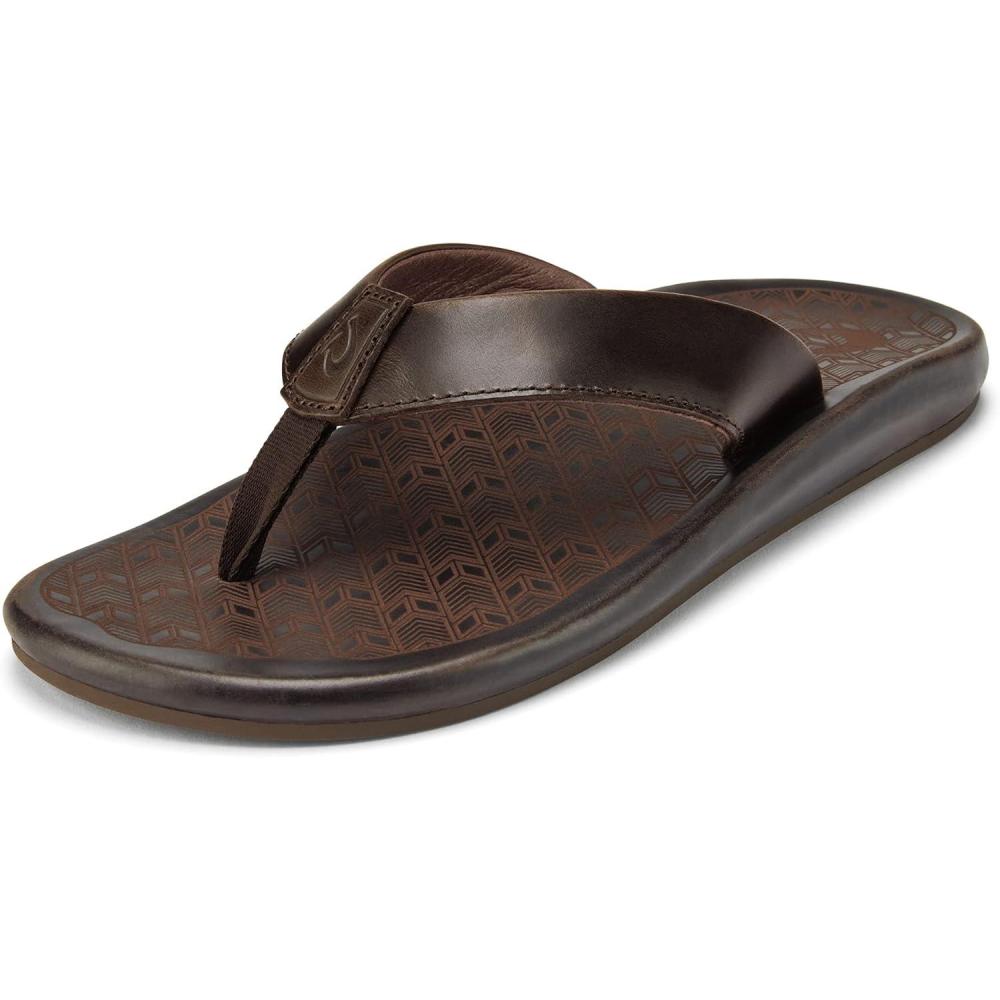 imageOLUKAI Ilikai Mens Leather Sandals FullGrain Leather FlipFlop Slides Anatomical Footbed ampamp Cushioning Comfort Fit ampamp Wet Grip RubberDark WoodDark Wood