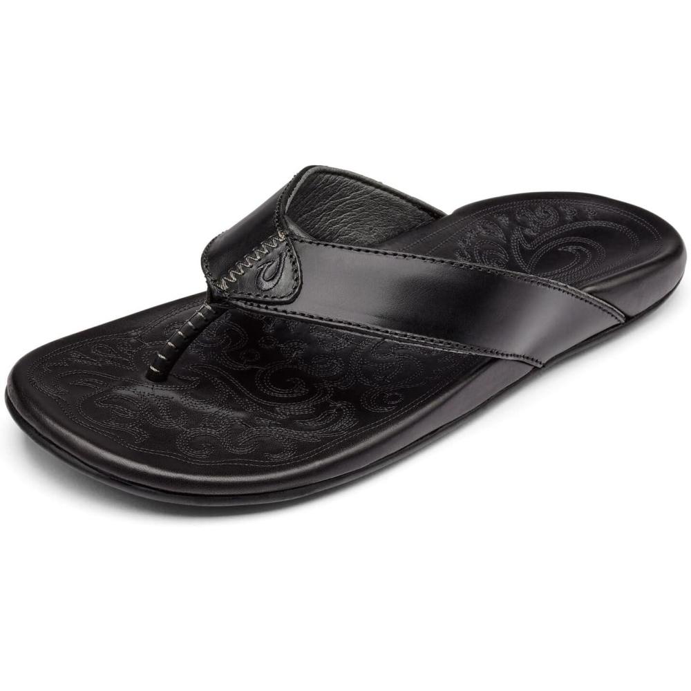 imageOLUKAI Mekila Mens Beach Sandals FullGrain Leather FlipFlop Slides Compression Molded Footbed ampamp Comfort Fit Enhanced Grip SolesBlackBlack