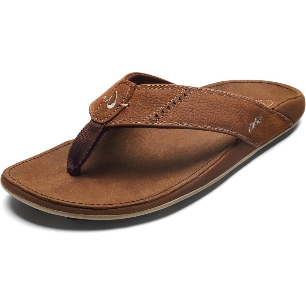imageOLUKAI Nui Mens Beach Sandals Full Grain Leather FlipFlop Slides Compression Molded Footbed ampamp UltraSoft Comfort FitRumRum
