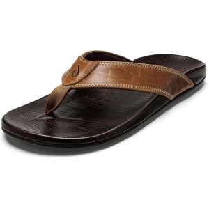 OLUKAI Hikianalia Men’s Leather Sandal, Full-Grain Leather, Non-Marking Rubber Traction Pads & Compression Molded Footbed(Tan/Dk Java)