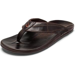 OLUKAI Hokule’a Kia Men’s Leather Sandal, Full-Grain Leather, Non-Marking Rubber Traction Pads & Compression Molded Footbed(Dk Wood/Dk Wood)