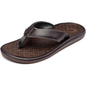 OLUKAI ‘Ilikai Men’s Leather Sandals, Full-Grain Leather Flip-Flop Slides, Anatomical Footbed & Cushioning, Comfort Fit & Wet Grip Rubber(Charcoal/Charcoal)
