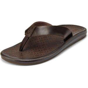 OLUKAI ‘Ilikai Men’s Leather Sandals, Full-Grain Leather Flip-Flop Slides, Anatomical Footbed & Cushioning, Comfort Fit & Wet Grip Rubber(Dark Wood/Dark Wood)