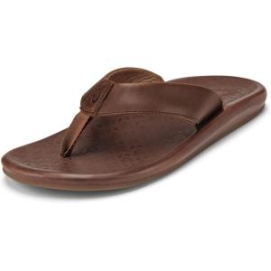 OLUKAI ‘Ilikai Men’s Leather Sandals, Full-Grain Leather Flip-Flop Slides, Anatomical Footbed & Cushioning, Comfort Fit & Wet Grip Rubber(Toffee/Toffee)