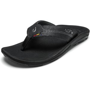 OLUKAI Kipi Men’s Beach Sandals, Water Resistant Flip Flops, Quick Dry Material & Arch Support, All-Day Comfort(Black/Black)