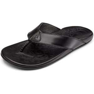 OLUKAI Mekila Men’s Beach Sandals, Full-Grain Leather Flip-Flop Slides, Compression Molded Footbed & Comfort Fit, Enhanced Grip Soles(Black/Black)