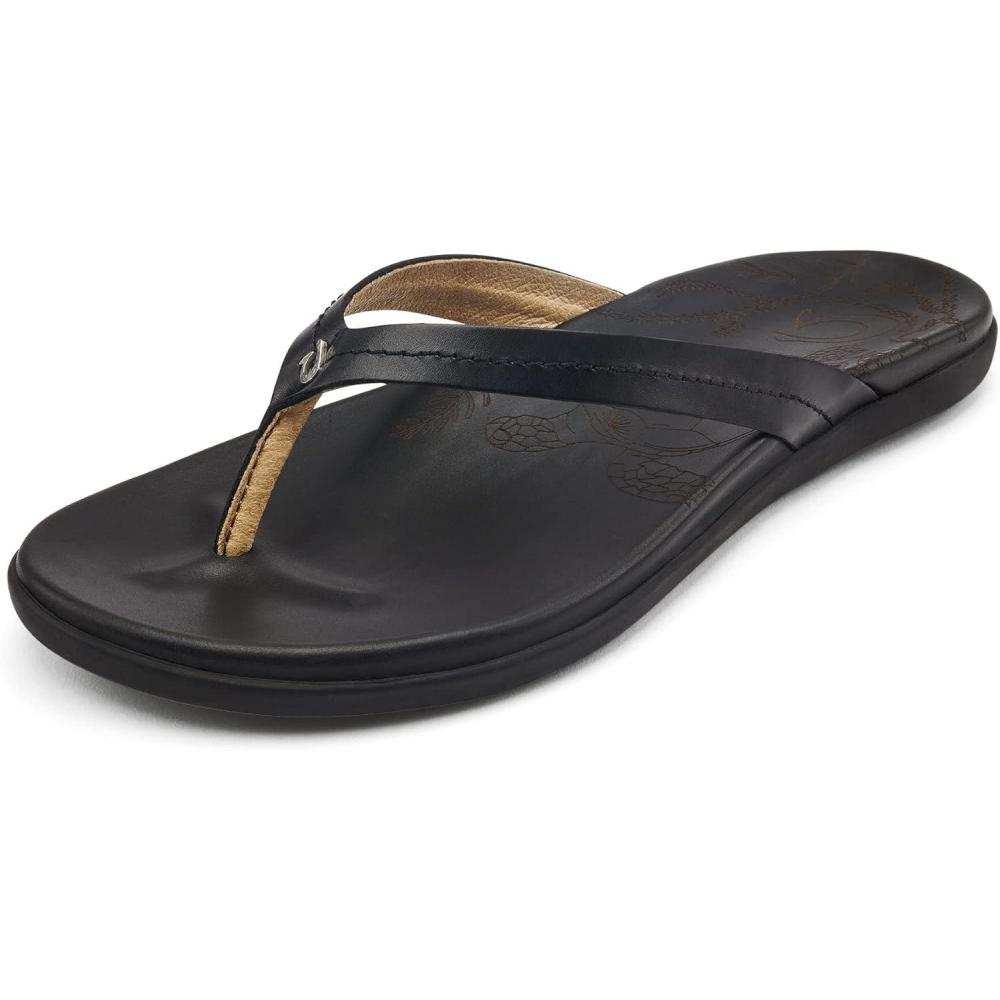 imageOLUKAI Honu Womens Beach Sandal Soft ampamp Comfortable FullGrain Leather Easy SlipOn FlipFlops Everyday AllDay Comfort ampamp StyleBlackBlack