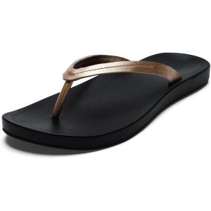OLUKAI Lalahi Women’s Leather Beach Sandals, Casual Everyday Flip Flop, Lightweight & Supportive Arch, Clean Design & Soft Comfort(Copper/Lava Rock)