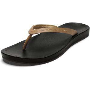 OLUKAI Lalahi Women’s Leather Beach Sandals, Casual Everyday Flip Flop, Lightweight & Supportive Arch, Clean Design & Soft Comfort(Tan/Lava Rock)