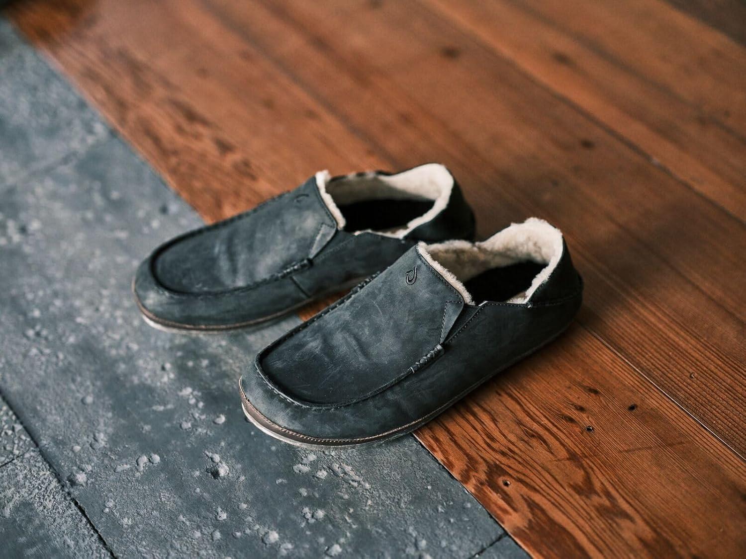 image:imageOLUKAI Moloa Slipper Mens Premium Leather SlipOn Shoes Soft Genuine Shearling Lining amp Gel Insert DropIn Heel amp AllDay ComfortBlackDk Java