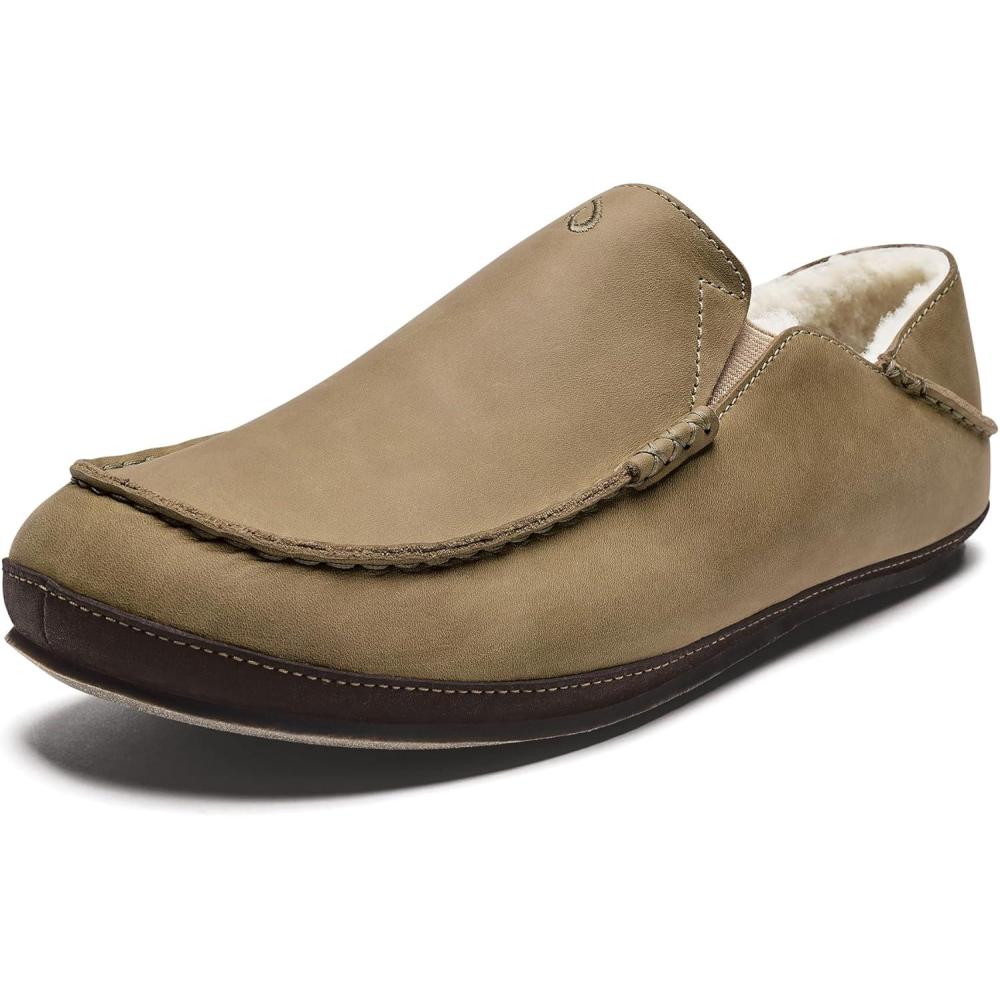 image:imageOLUKAI Moloa Slipper Mens Premium Leather SlipOn Shoes Soft Genuine Shearling Lining amp Gel Insert DropIn Heel amp AllDay ComfortClayDk Java