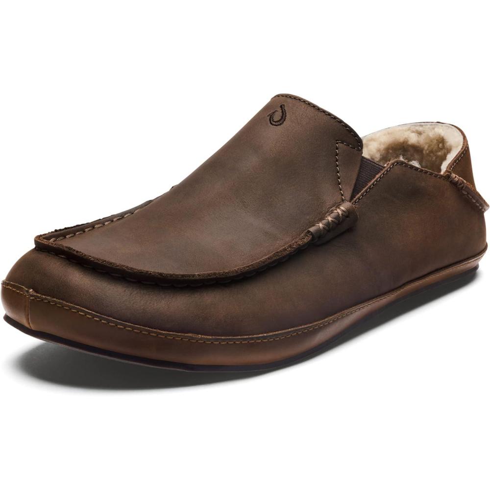 image:imageOLUKAI Moloa Slipper Mens Premium Leather SlipOn Shoes Soft Genuine Shearling Lining amp Gel Insert DropIn Heel amp AllDay ComfortDk WoodDk Wood