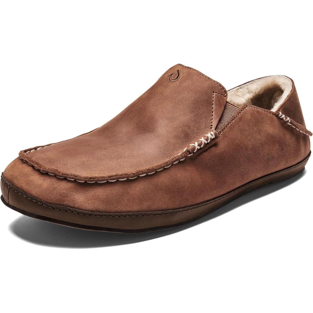 image:imageOLUKAI Moloa Slipper Mens Premium Leather SlipOn Shoes Soft Genuine Shearling Lining amp Gel Insert DropIn Heel amp AllDay ComfortToffeeDk Wood