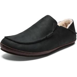 OLUKAI Moloa Slipper, Men’s Premium Leather Slip-On Shoes, Soft Genuine Shearling Lining & Gel Insert, Drop-In Heel & All-Day Comfort(Black/Dk Java)