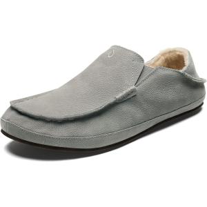 OLUKAI Moloa Slipper, Men’s Premium Leather Slip-On Shoes, Soft Genuine Shearling Lining & Gel Insert, Drop-In Heel & All-Day Comfort(Sharkskin/Sharkskin)