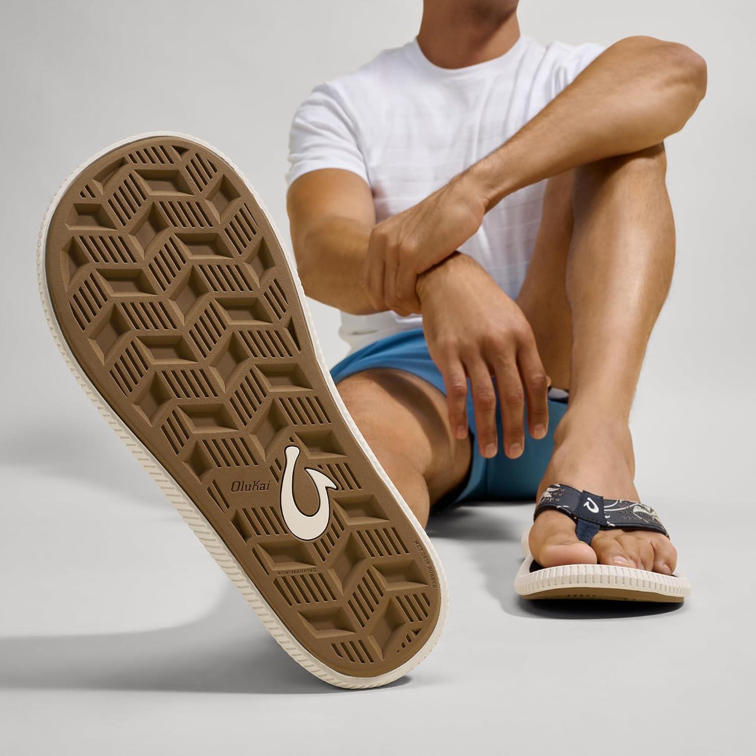 image:imageOLUKAI Ulele Mens Beach Sandals Water Resistant Flip Flops Arch Support amp Comfort Fit Lightweight amp Durable Enhanced Grip amp TractionTrench BlueAloha