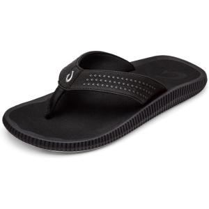 OLUKAI Ulele Men’s Beach Sandals, Water Resistant Flip Flops, Arch Support & Comfort Fit, Lightweight & Durable, Enhanced Grip & Traction(Black/Black)