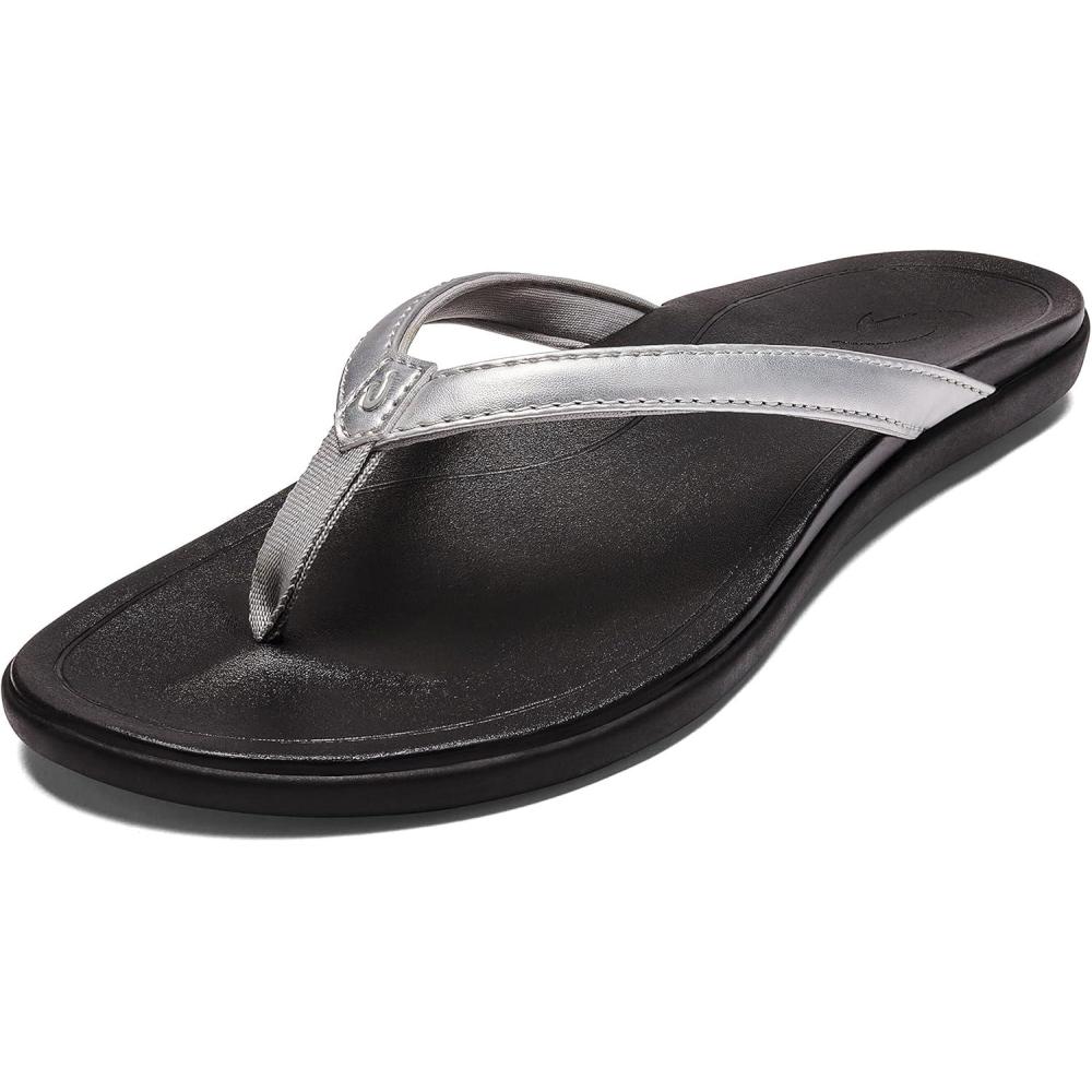 image:imageOLUKAI Hoopio Hau Womens Beach Sandals QuickDry FlipFlop Slides Water Resistant Suede Lining amp Wet Grip Soles Soft Comfort Fit amp Arch SupportSilverCharcoal