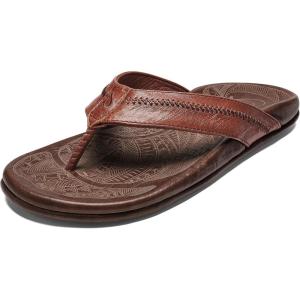 OLUKAI Hiapo Men’s Leather Beach Sandal, Crafted Materials, Lightweight & Durable, All-Day Comfort & Support(Rum/Dark Wood)