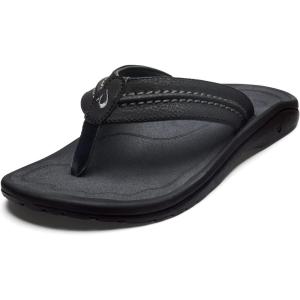 OLUKAI Hokua Men’s Beach Sandals, Quick-Dry Flip-Flop Slides, Water Resistant & Wet Grip Rubber Soles, Compression Molded Footbed & Soft Comfort Fit(Black/Dark Shadow)