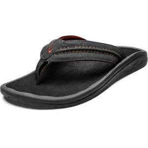 OLUKAI Hokua Men’s Beach Sandals, Quick-Dry Flip-Flop Slides, Water Resistant & Wet Grip Rubber Soles, Compression Molded Footbed & Soft Comfort Fit(Dark Java/Dark Java)