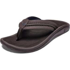 OLUKAI Hokua Men’s Beach Sandals, Quick-Dry Flip-Flop Slides, Water Resistant & Wet Grip Rubber Soles, Compression Molded Footbed & Soft Comfort Fit(Dark Wood/Dark Wood)