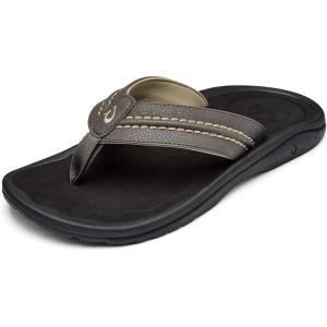 OLUKAI Hokua Men’s Beach Sandals, Quick-Dry Flip-Flop Slides, Water Resistant & Wet Grip Rubber Soles, Compression Molded Footbed & Soft Comfort Fit(Kona/Onyx)